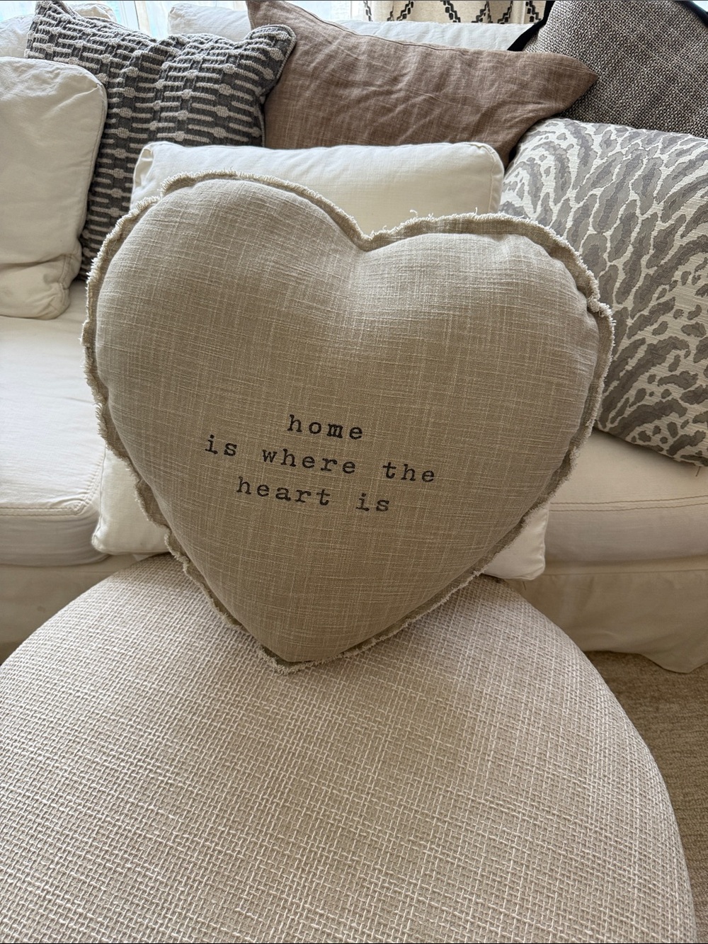 Mud pie Heart-Shaped Throw Pillow in Taupe - "Home Is Where The Heart Is"